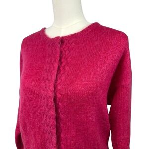 Vintage 1950s Mohair Hand Knit‎ Fuchsia Cardigan Cable Trim Button Front Medium